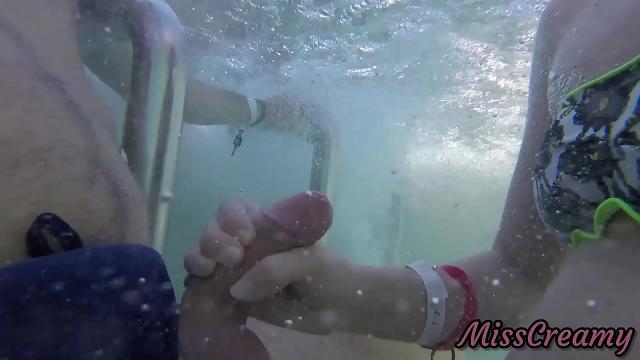 Teen student masturbate my cock in a public pool in front of everyone – it's very risky with people near- MissCreamy
